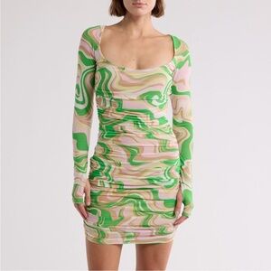 Afrm Los Angeles Gesine Green and tan Swirl Pattern Dress